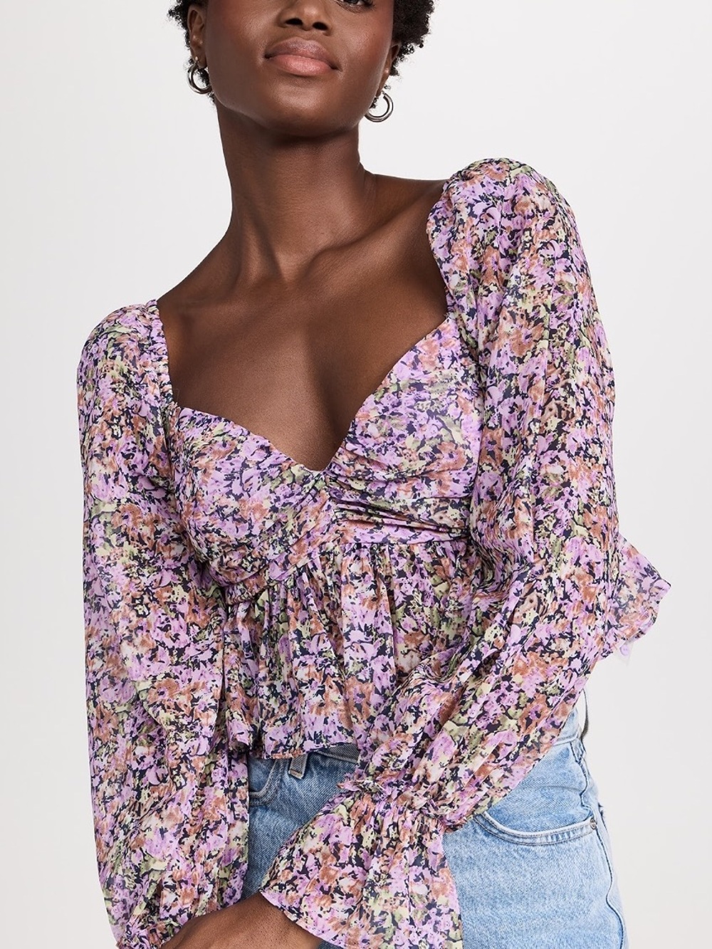 ASTR The Label Luann Top M Purple Floral Puff Sleeve Peplum Cottagecore Blouse